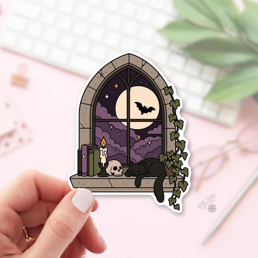 Gothic Bat Window bookish sticker, vinyl die cut, dark academia gift