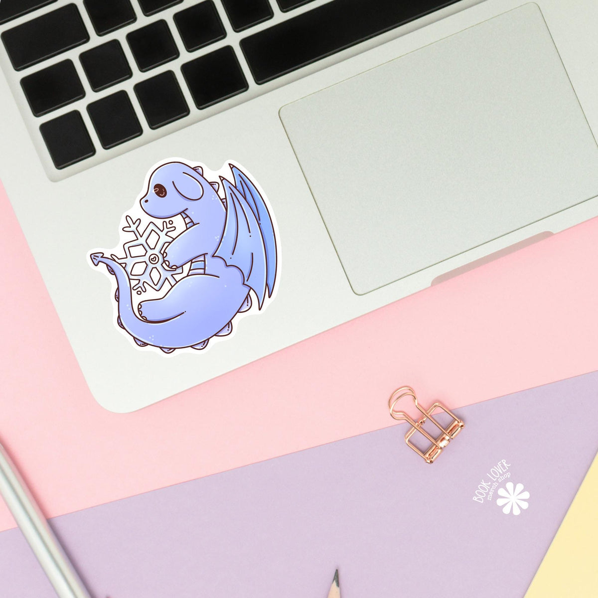 Snowflake Dragon sticker close up, matte finish, book lover vinyl decal
