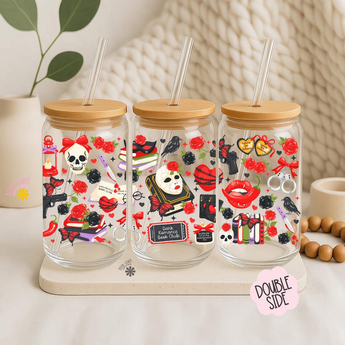 Dark Romance Book Club 16 OZ Glass Can With Lid and Straw / Mug / Book Lover Gift / Bookish Merch Stickers / UV Dtf Libbey Wrap Transfert