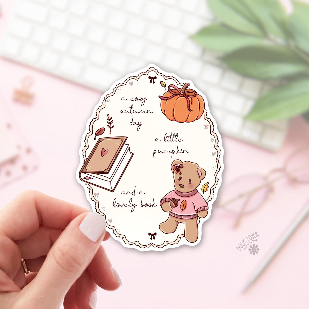 Cozy autumn book frame bookish sticker, vinyl die cut, readers who decorate for the season gift
