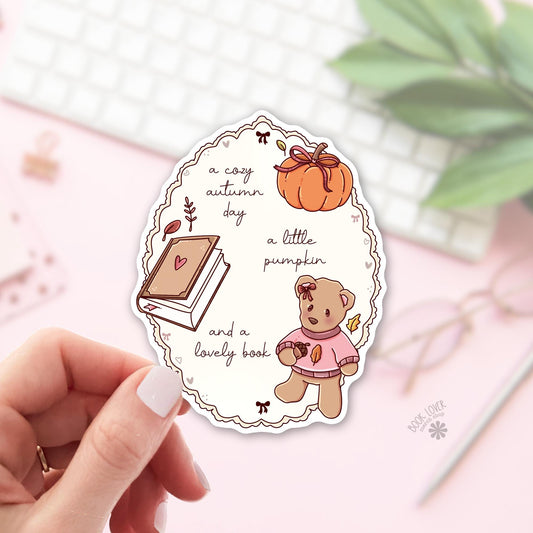 Cozy autumn book frame bookish sticker, vinyl die cut, readers who decorate for the season gift