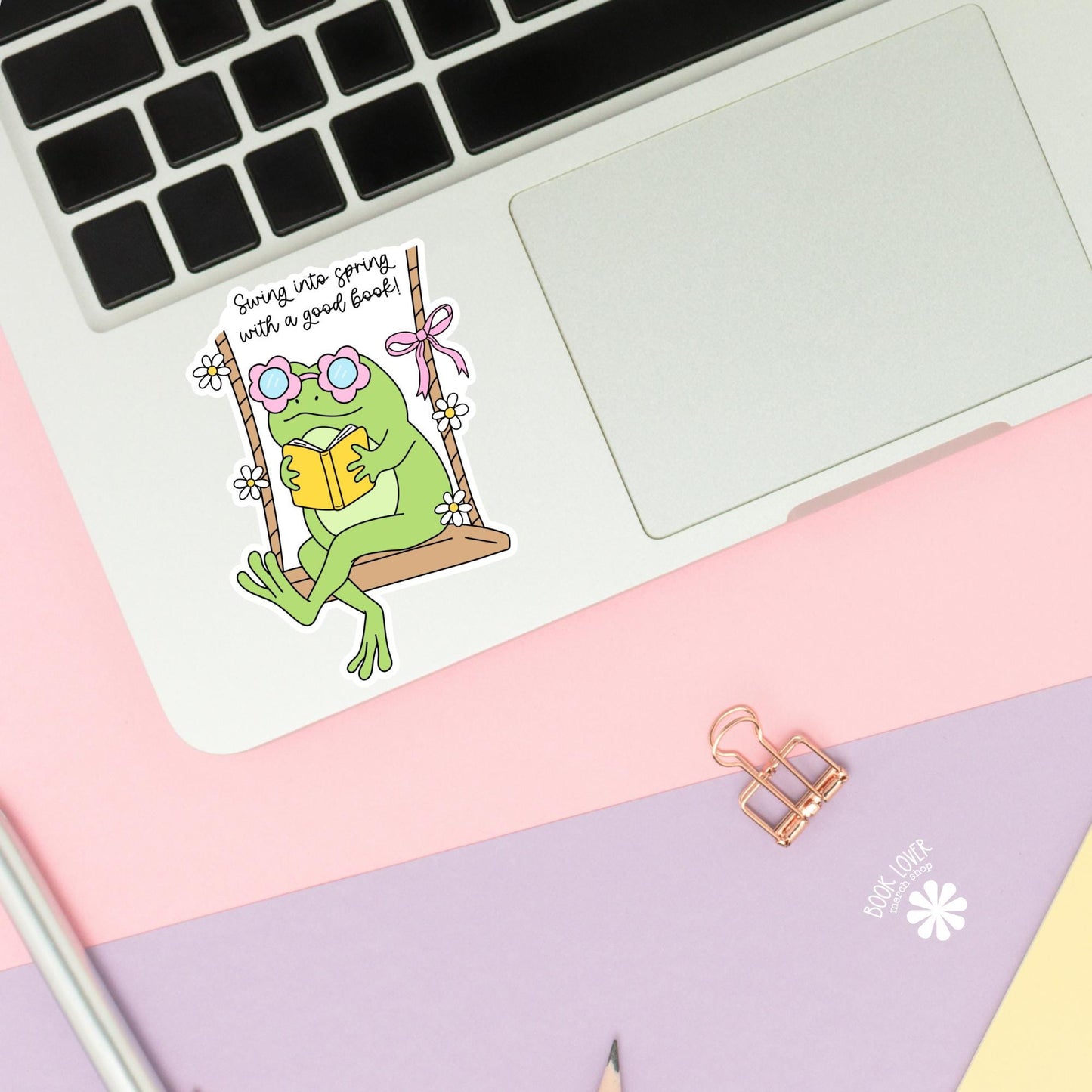 Swing Into Spring With A Good Book Stickers / Bookish Frog Stickers / Book Lover Gift / Bookish Merch / Kindle Sticker / Reading Lover
