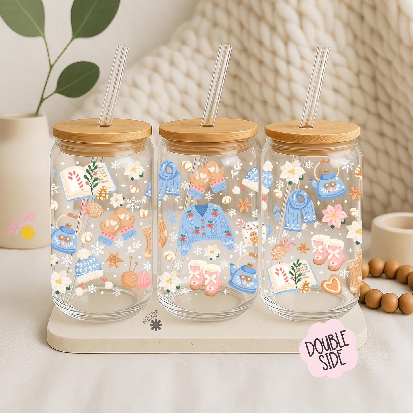Cozy Bookish Christmas 16 OZ Glass Can With Lid and Straw / Bookish Winter / Book Lover Gift / Bookish Merch / UV Dtf Libbey Wrap Transfert