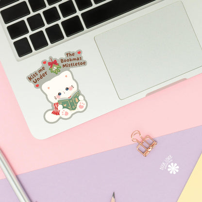 Mistletoe Cat sticker close up, matte finish, book lover vinyl decal