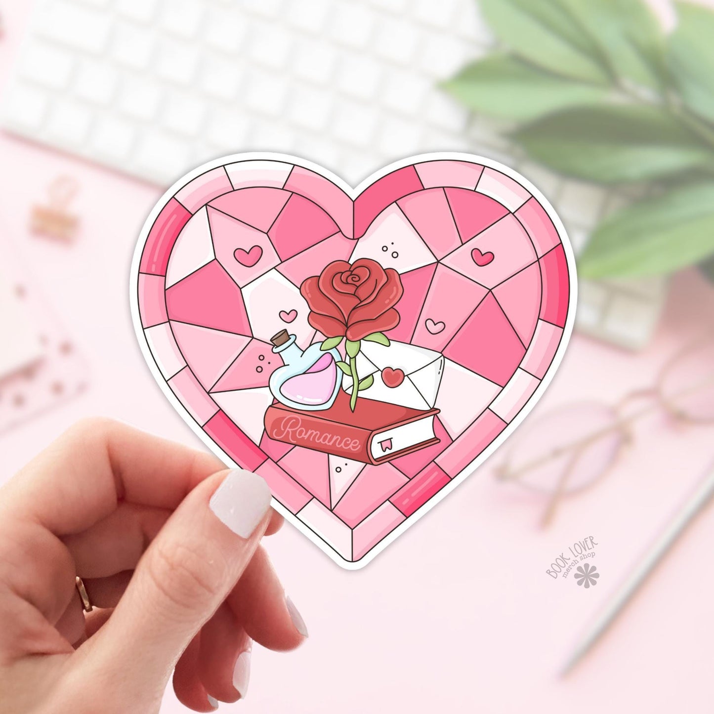 Bookish Romance Stained Glass Heart Stickers / Bookish Stickers / Book Lover Gift / Bookish Merch / Kindle Sticker / Romance Reader