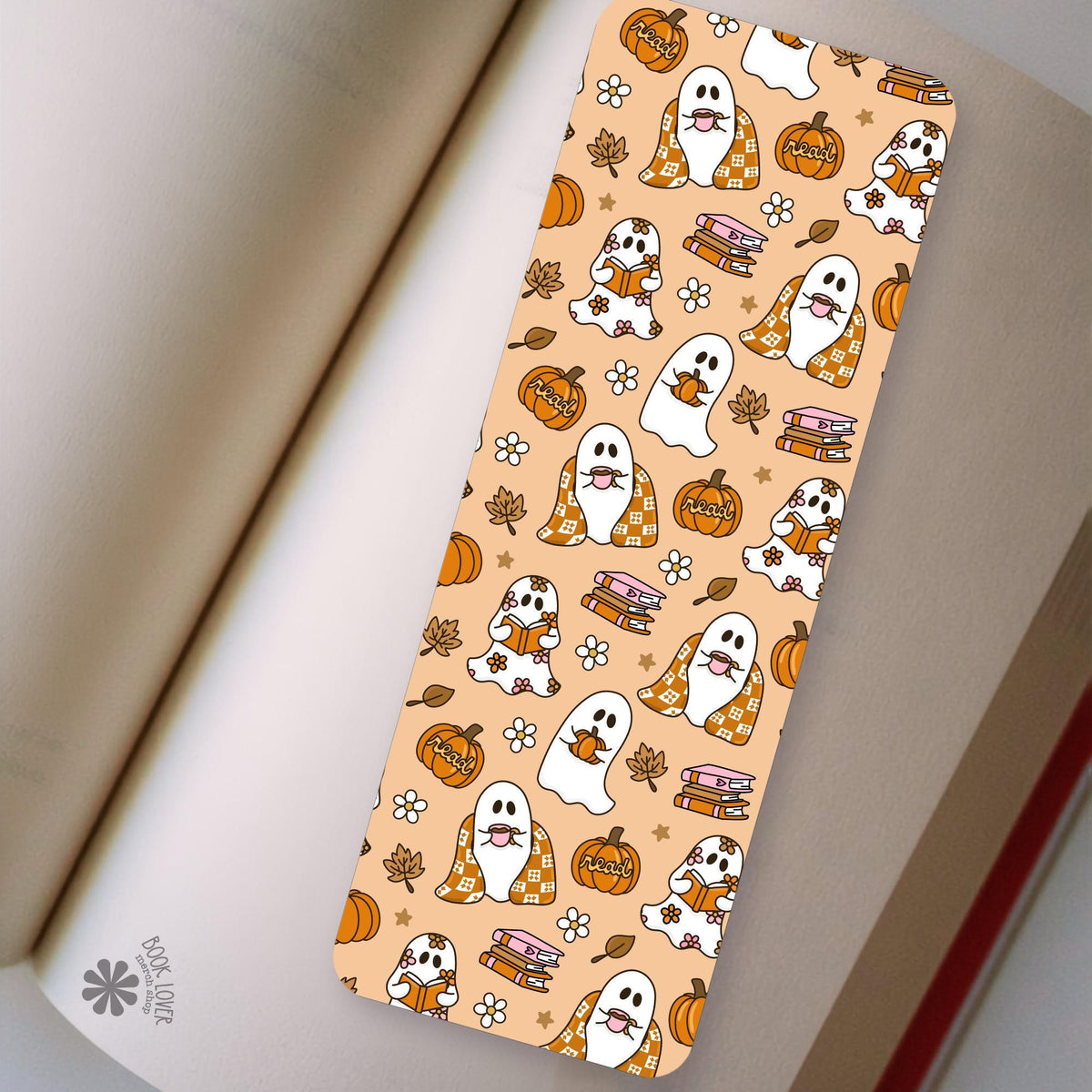Cozy Ghost bookmark front and back, cardstock page marker