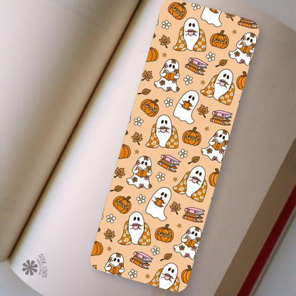 Cozy Ghost bookmark front and back, cardstock page marker
