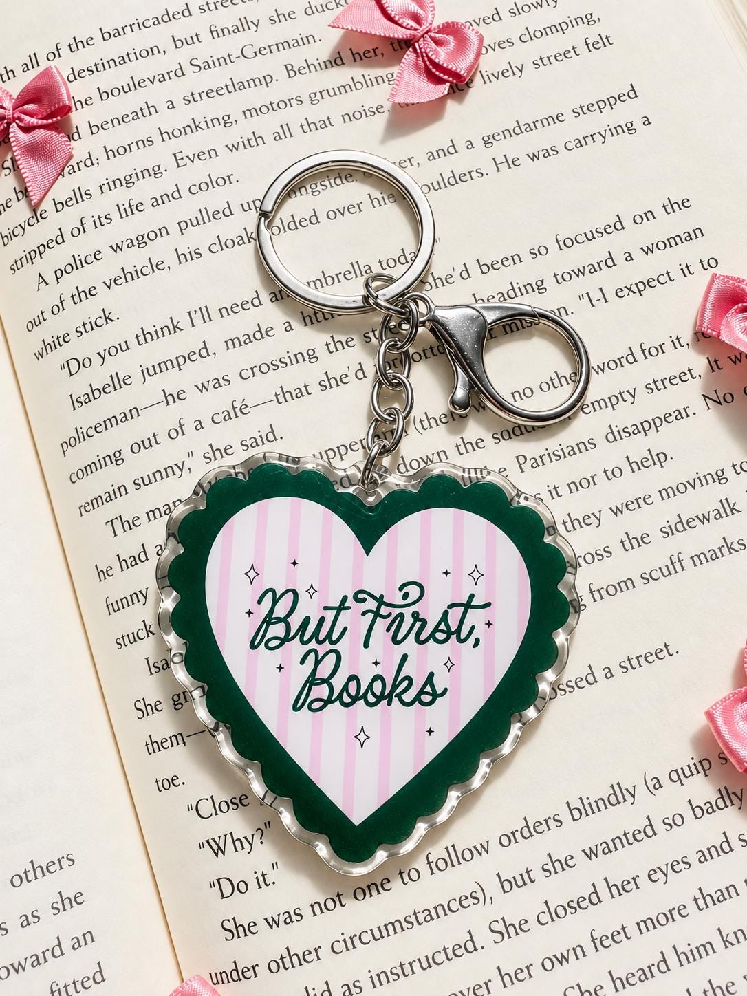 But First Books acrylic keychain, bookish bag charm, view 2