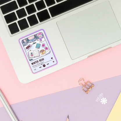Winter Book Club sticker close up, matte finish, book lover vinyl decal