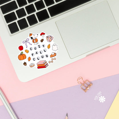 Cozy Fall Club sticker close up, matte finish, book lover vinyl decal