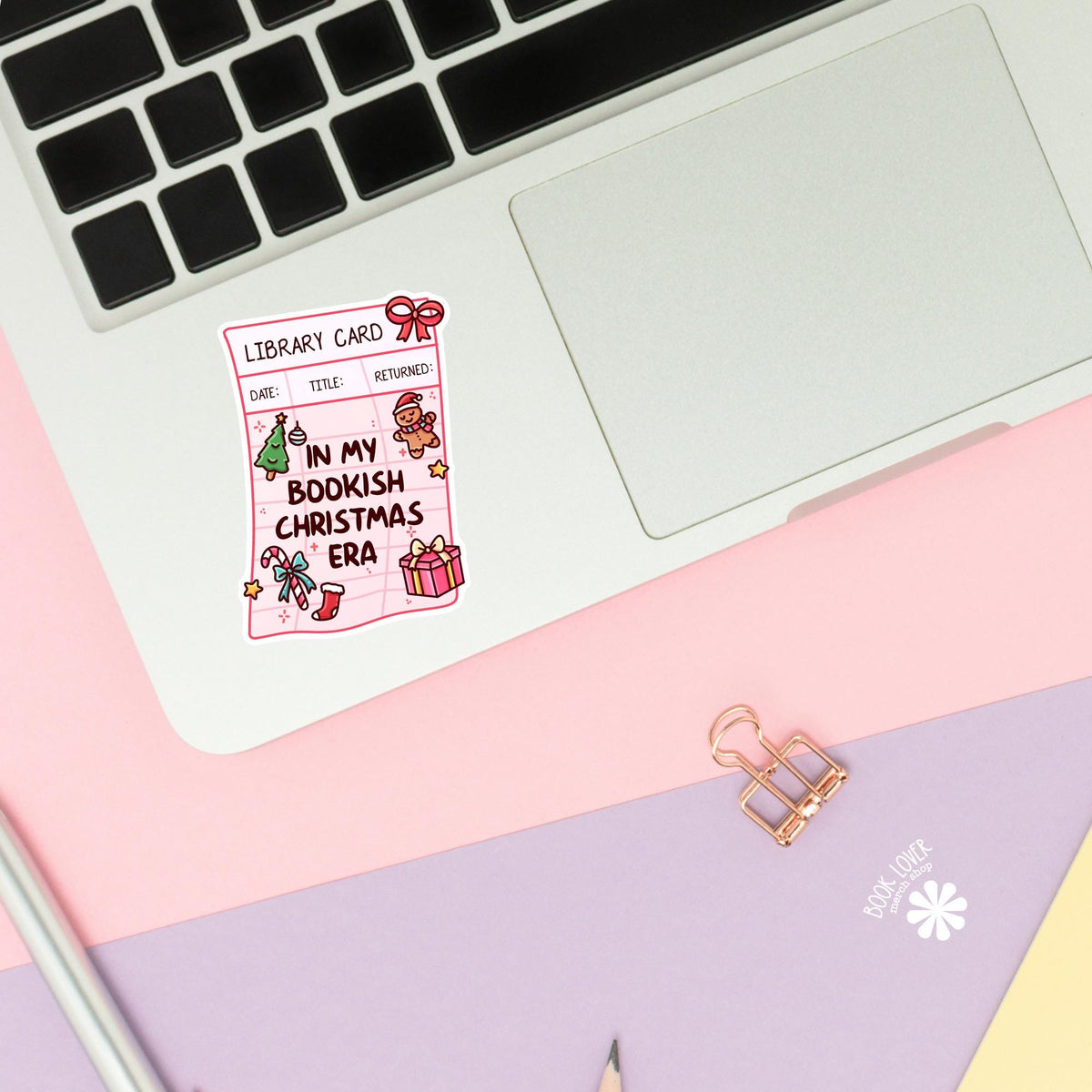 Christmas library card sticker close up, matte finish, book lover vinyl decal
