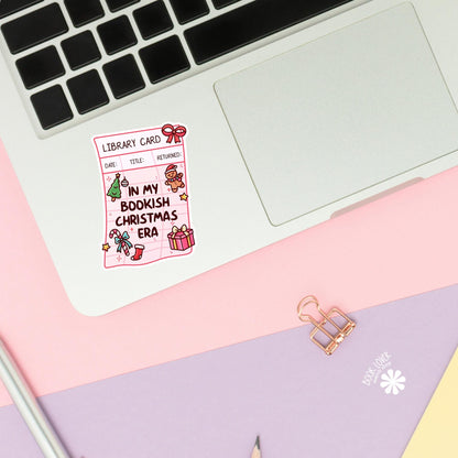 Christmas library card sticker close up, matte finish, book lover vinyl decal