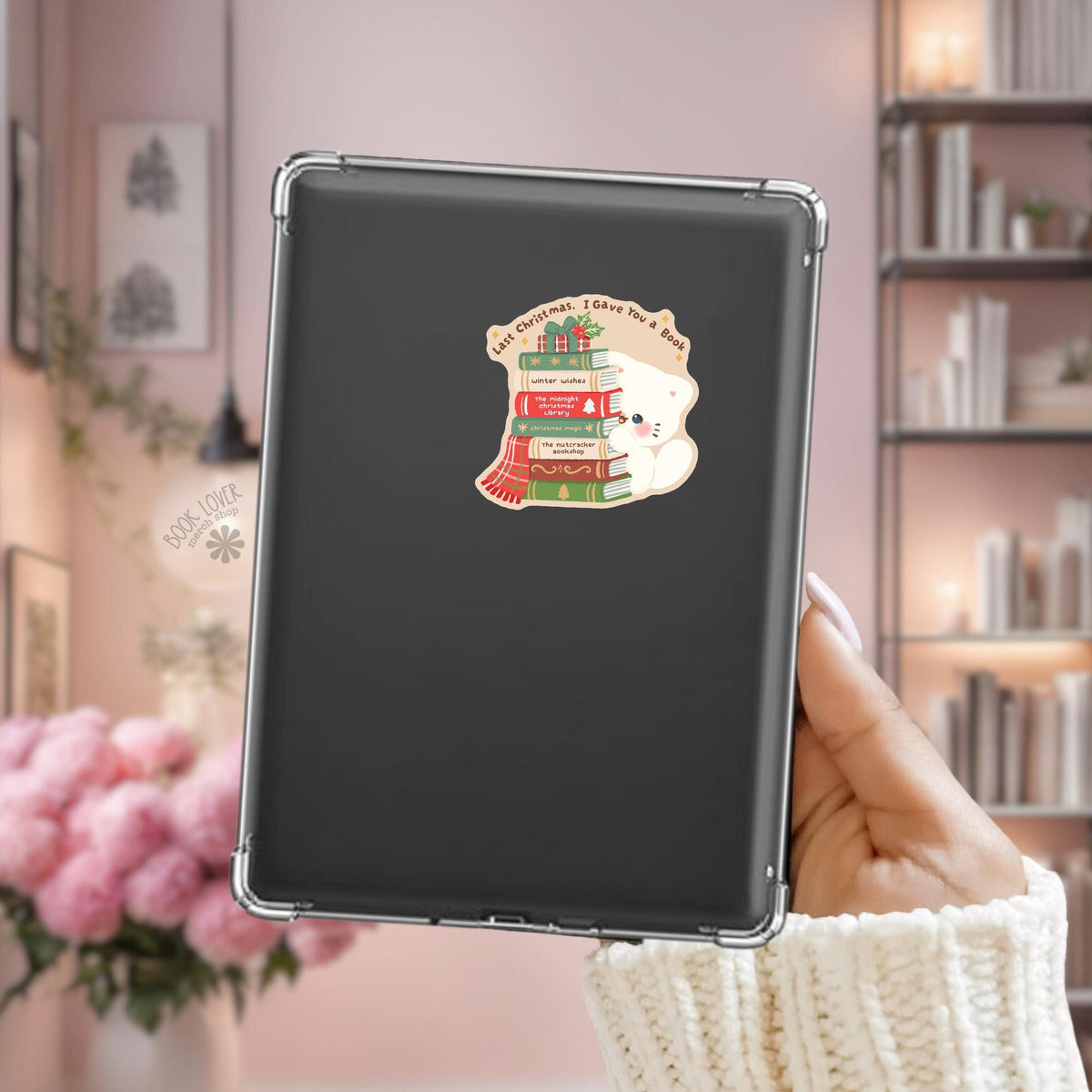 Bookworm Kitten TBR Kindle sticker on desk, bookish decal