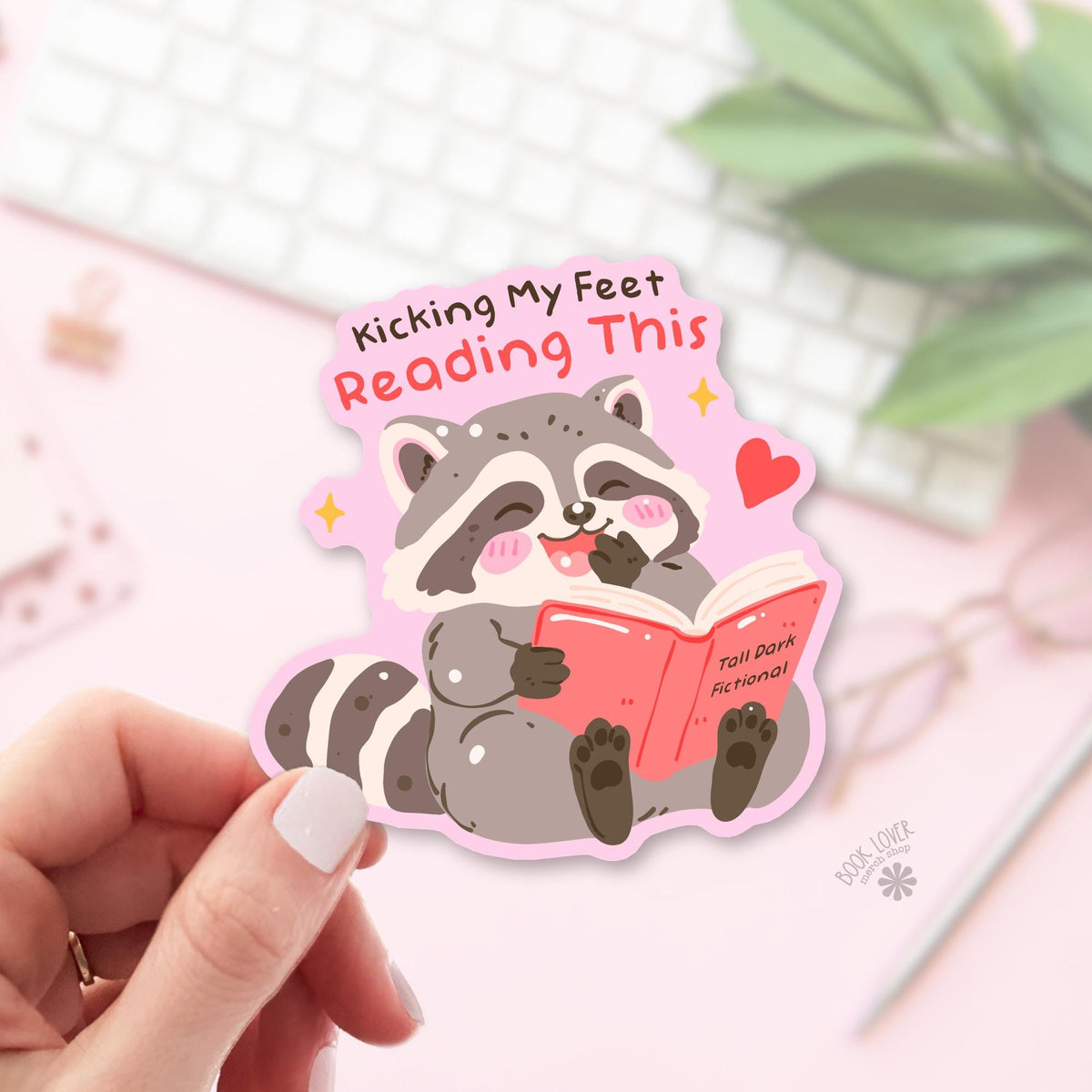 Raccoon Reading bookish sticker, vinyl die cut, Romance Reader gift