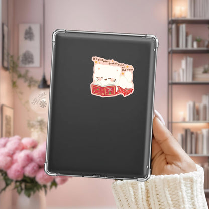 Pink Christmas Cat Kindle sticker on desk, bookish decal