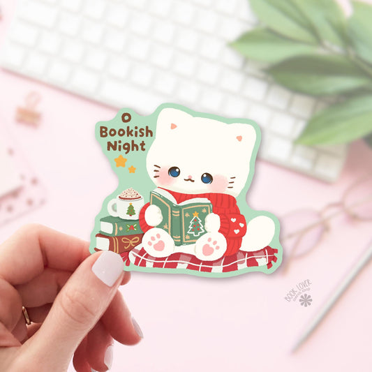 Cat Christmas Sweater bookish sticker, vinyl die cut, cat lover reader gift
