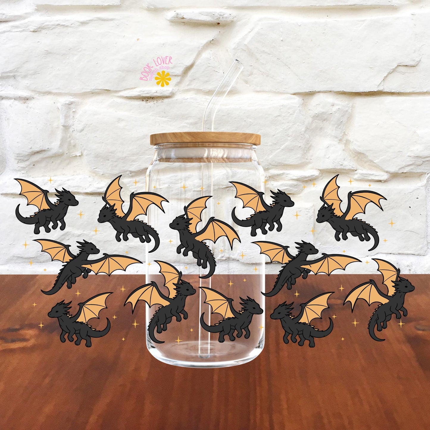 Black Dragons 16 OZ Glass Can With Lid and Straw / Bookish Mug / Fantasy Book Lover Gift / Bookish Merch / UV Dtf Libbey Wrap Transfert