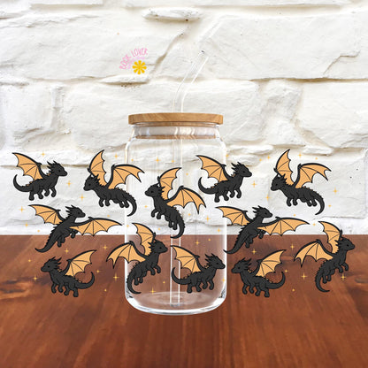 Black Dragons 16 OZ Glass Can With Lid and Straw / Bookish Mug / Fantasy Book Lover Gift / Bookish Merch / UV Dtf Libbey Wrap Transfert