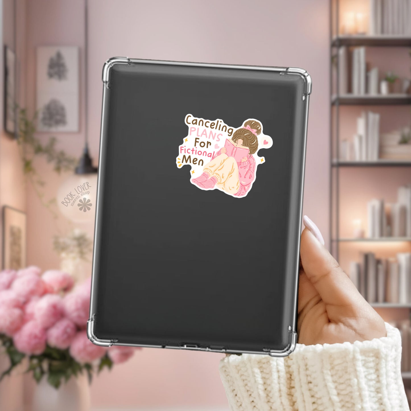 Cancelling Plans for Fictional Men Kindle sticker on desk – bookish romance decal