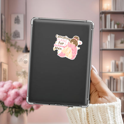 Cancelling Plans for Fictional Men Kindle sticker on desk – bookish romance decal