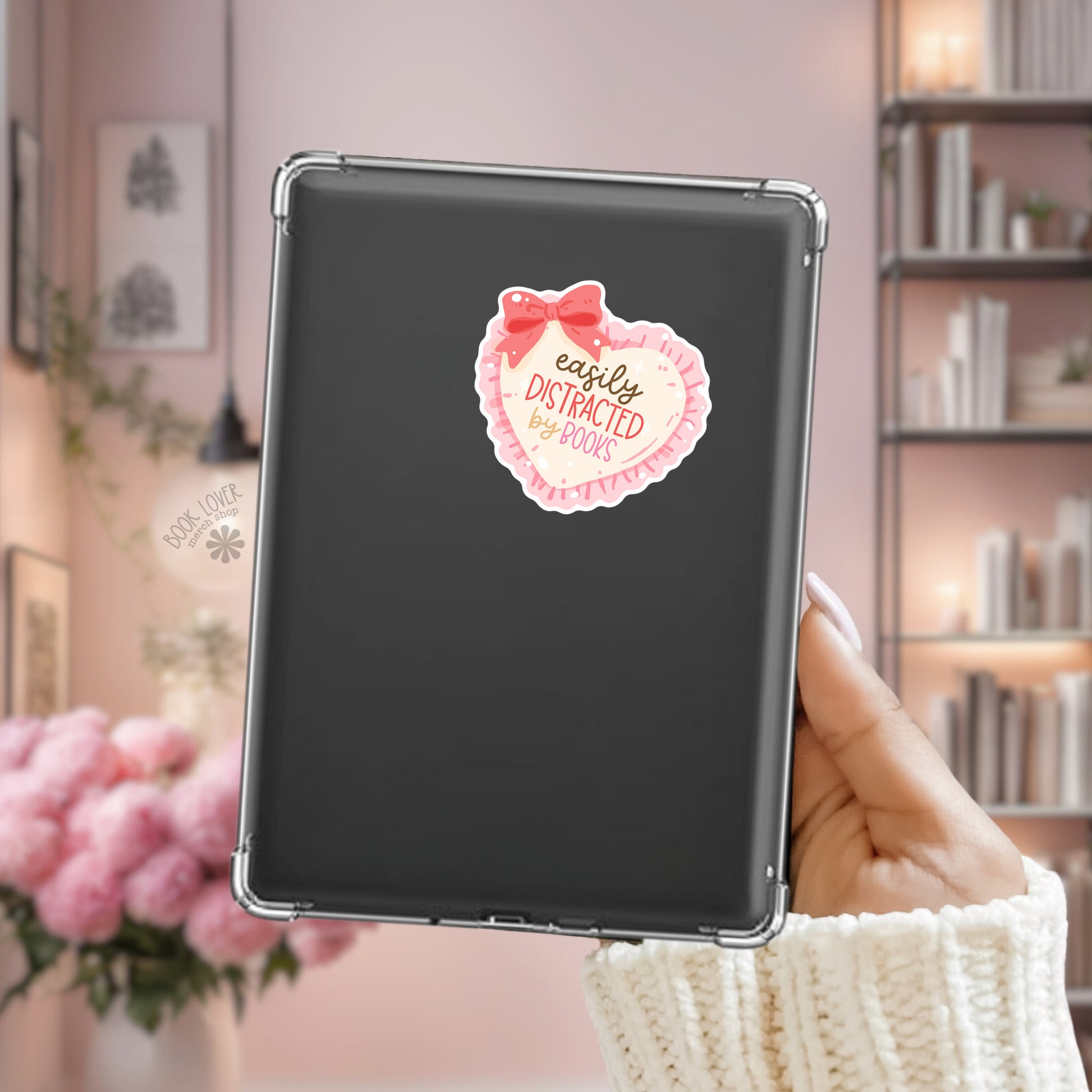 Easily Distracted by Books Kindle sticker on desk – bookish reader decal