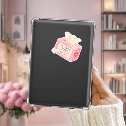 I Will Survive This Book Kindle sticker on desk – bookish humor decal