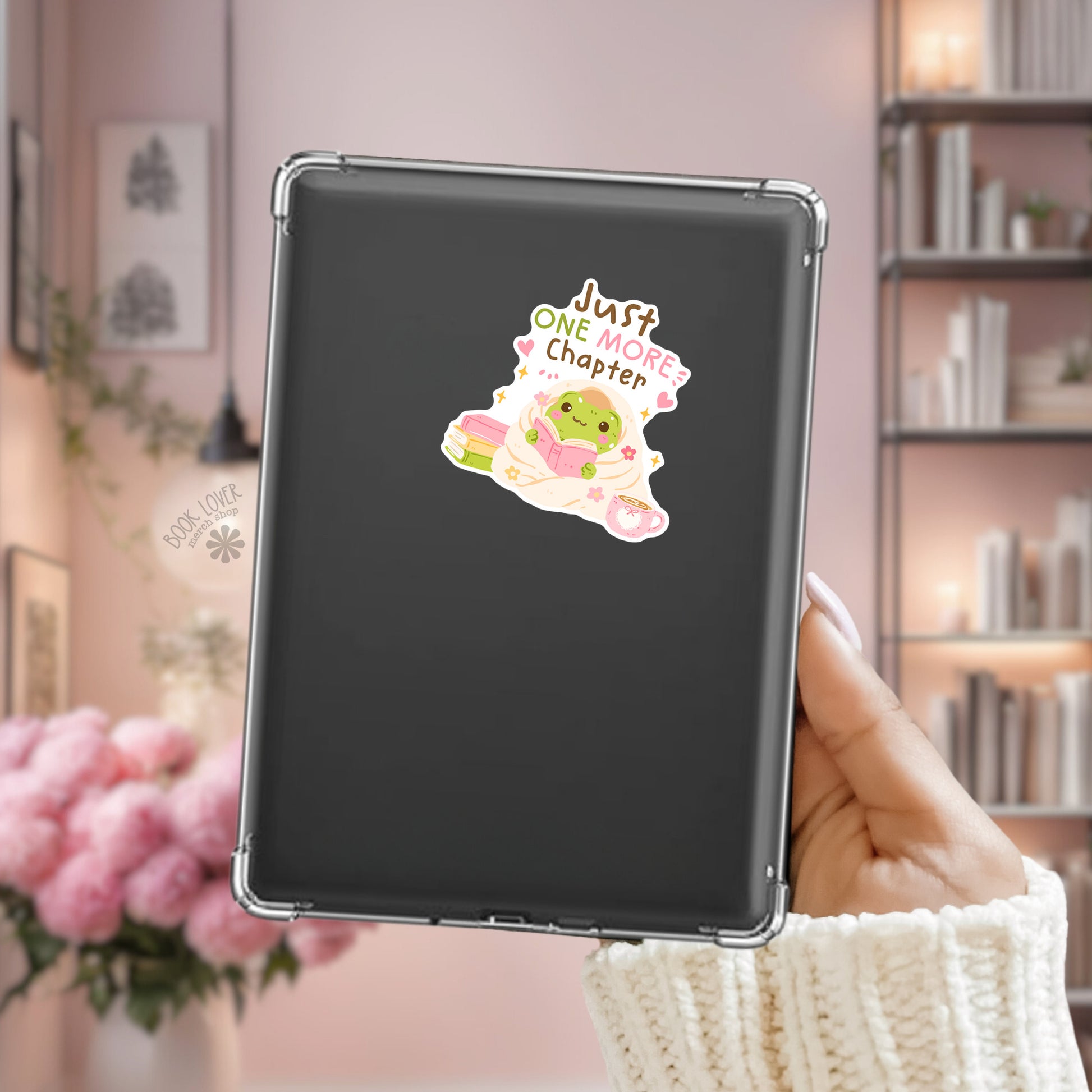 Just One More Chapter Kindle sticker on desk – bookish reader decal
