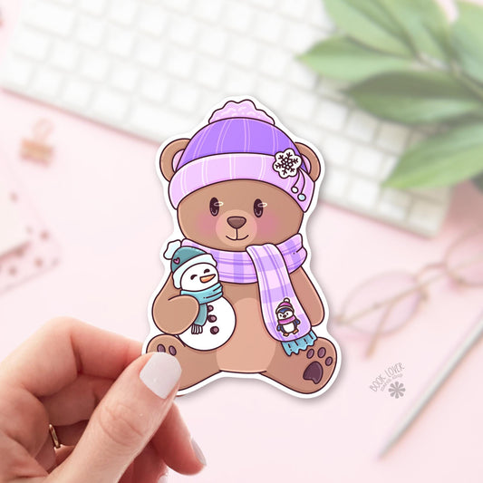 Snowman Teddy Bear bookish sticker, vinyl die cut, christmas reader gift