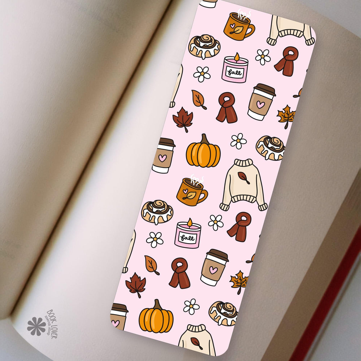 Pink Sweater Weather Latte bookmark front and back, cardstock page marker