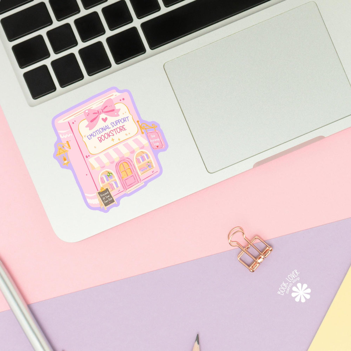 Pink Bow Bookstore sticker close up, matte finish, book lover vinyl decal