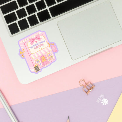 Pink Bow Bookstore sticker close up, matte finish, book lover vinyl decal