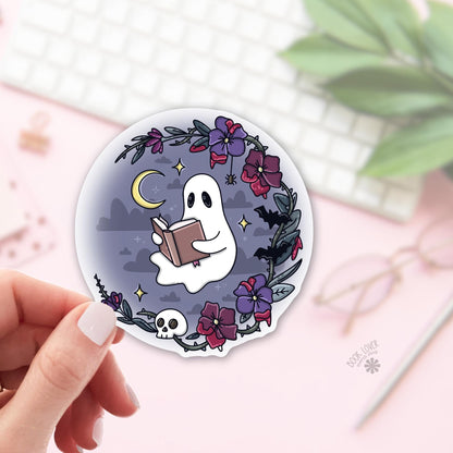Ghost Reading Sticker / Floral Halloween Bookish / Spooky Reader Gift / Cute Ghost / Moody Halloween / Bookish Ghost / Kindle Decal