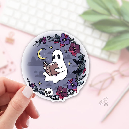 Ghost Reading Sticker / Floral Halloween Bookish / Spooky Reader Gift / Cute Ghost / Moody Halloween / Bookish Ghost / Kindle Decal