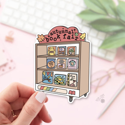 Autumn Library Cart bookish sticker, vinyl die cut, cozy reader gift