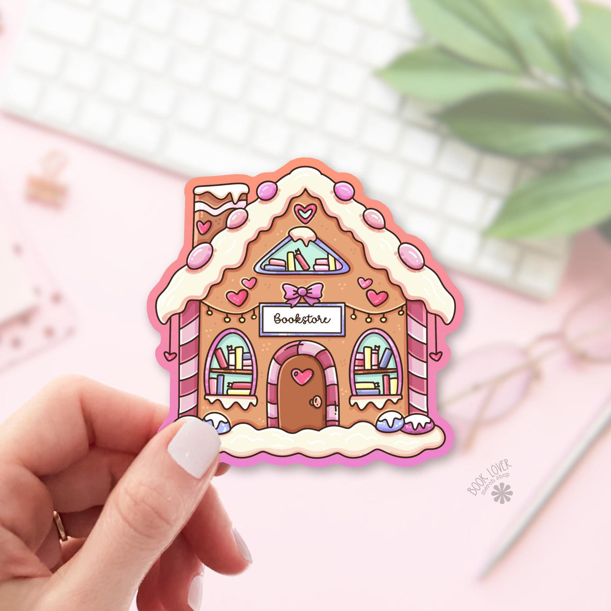 Gingerbread Bookstore bookish sticker, vinyl die cut, christmas bookworm gift