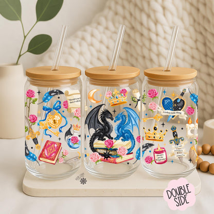 Fantasy Reader 16 OZ Glass Can With Lid and Straw / Bookish Dragon Mug / Book Lover Gift / Bookish Merch / UV Dtf Libbey Wrap Transfert