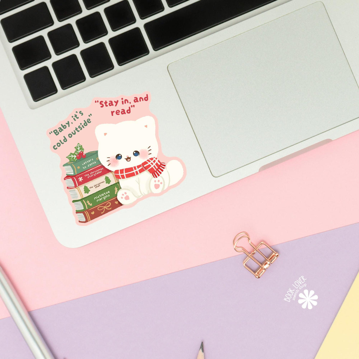 Kawaii Kitten Scarf sticker close up, matte finish, book lover vinyl decal