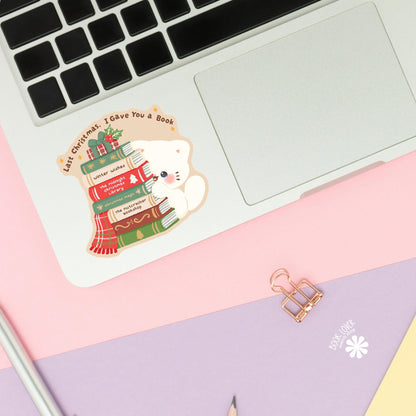 Bookworm Kitten TBR sticker close up, matte finish, book lover vinyl decal