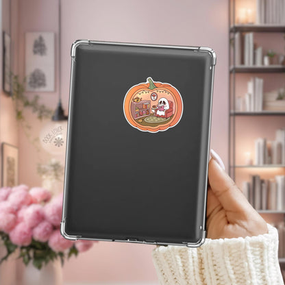 Pumpkin reading nook Kindle sticker on desk, bookish autumn decal
