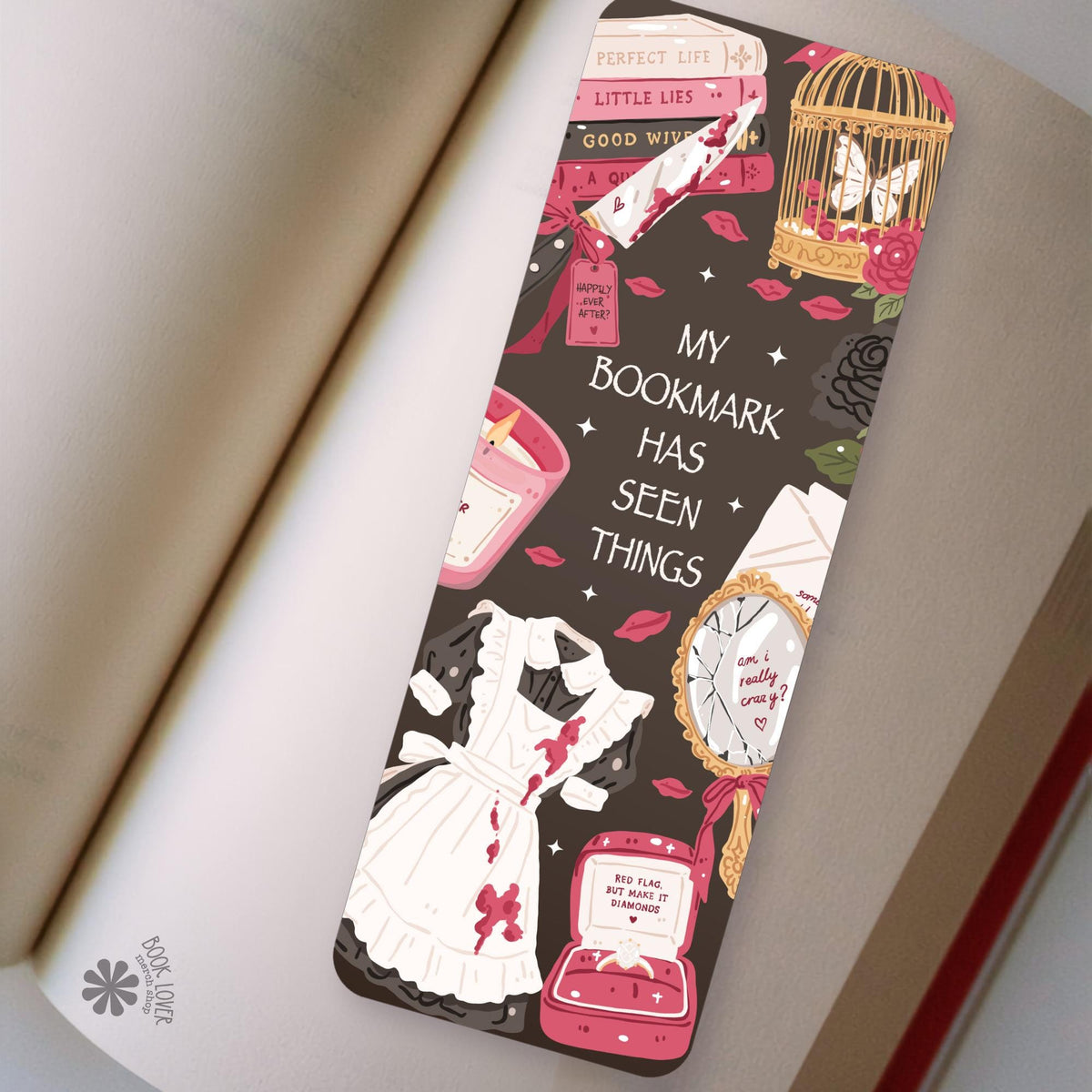 Funny Thriller Dark Mystery bookmark front and back, cardstock page marker