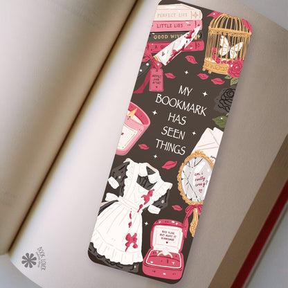Funny Thriller Dark Mystery bookmark front and back, cardstock page marker