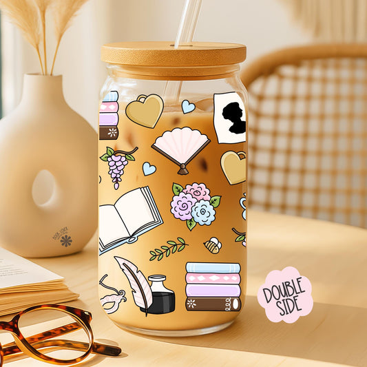 Bridgerton 16 OZ Glass Can With Lid and Straw / Bookish Mug / Book Lover Gift / Bookish Merch Stickers / UV Dtf Libbey Wrap Transfert