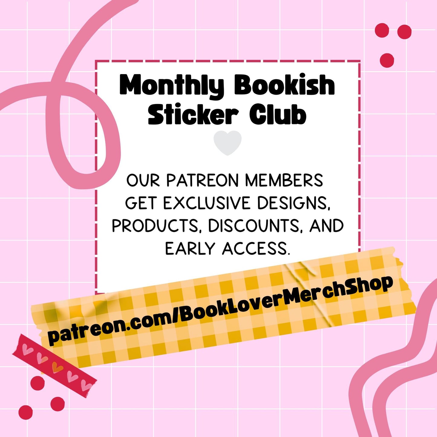 The image is a promotional poster for a Monthly Bookish Sticker Club, featuring a pink and white checkered background with text and a web address.