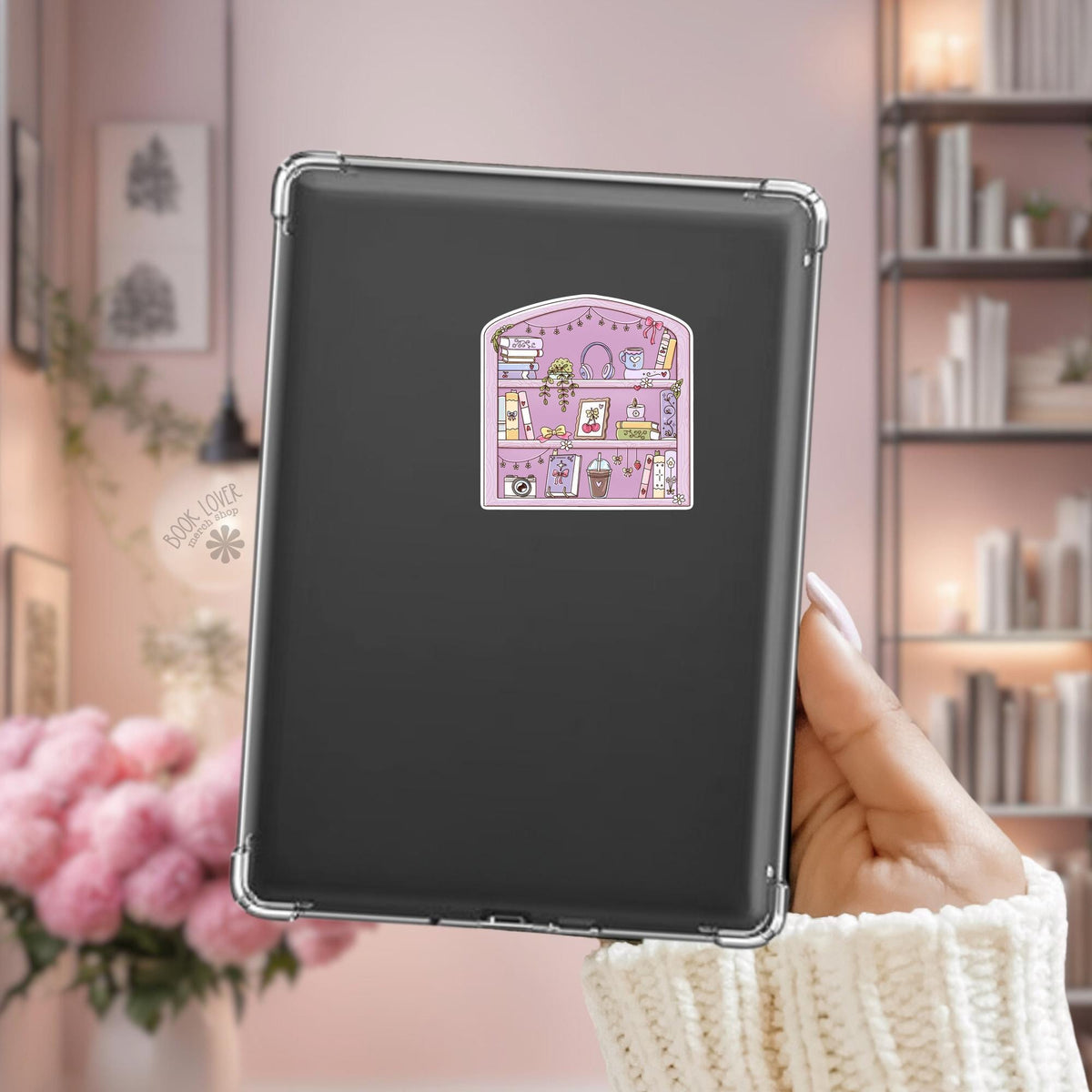 Pink Reading Nook Kindle sticker on desk, bookish decal