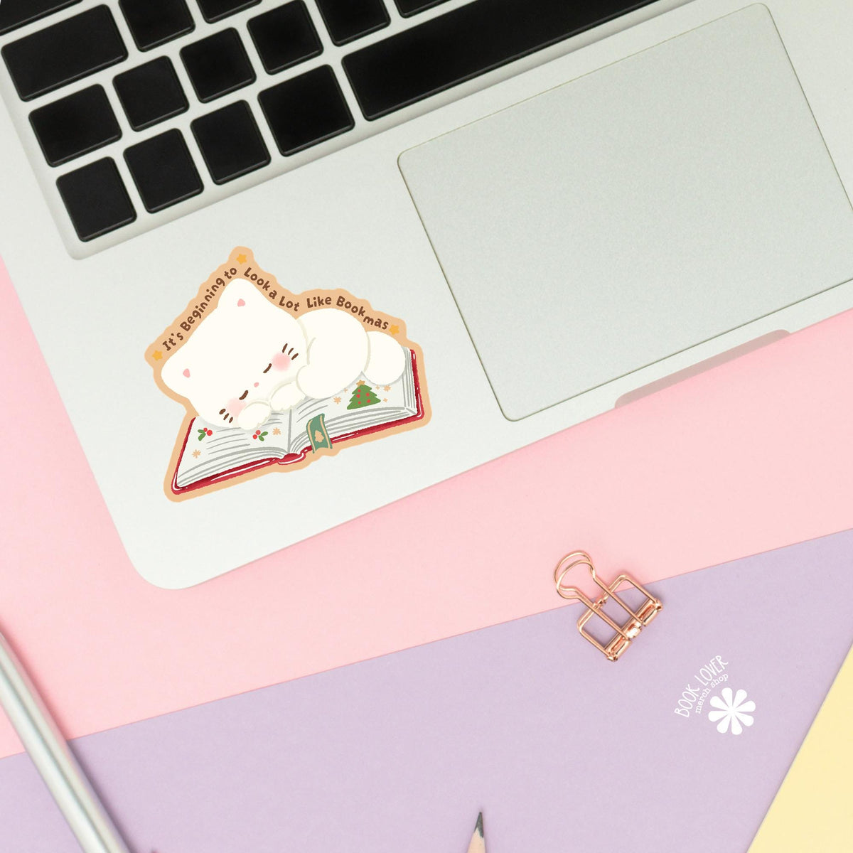 Snoozing Cat Red Book sticker close up, matte finish, book lover vinyl decal