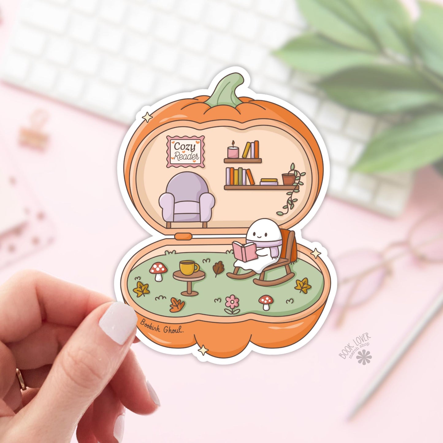 Cozy Reader Pumpkin Stickers / Halloween Bookish Stickers / Book Lover Gift / Ghost Bookish Merch / Kindle Sticker / Reading Lover
