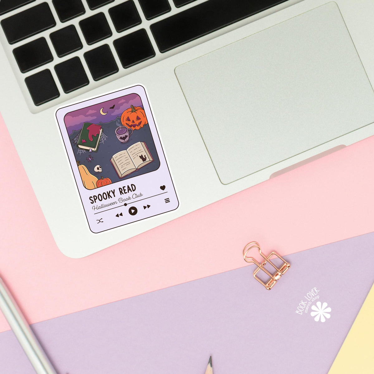 Halloween book club sticker close up, matte finish, book lover vinyl decal