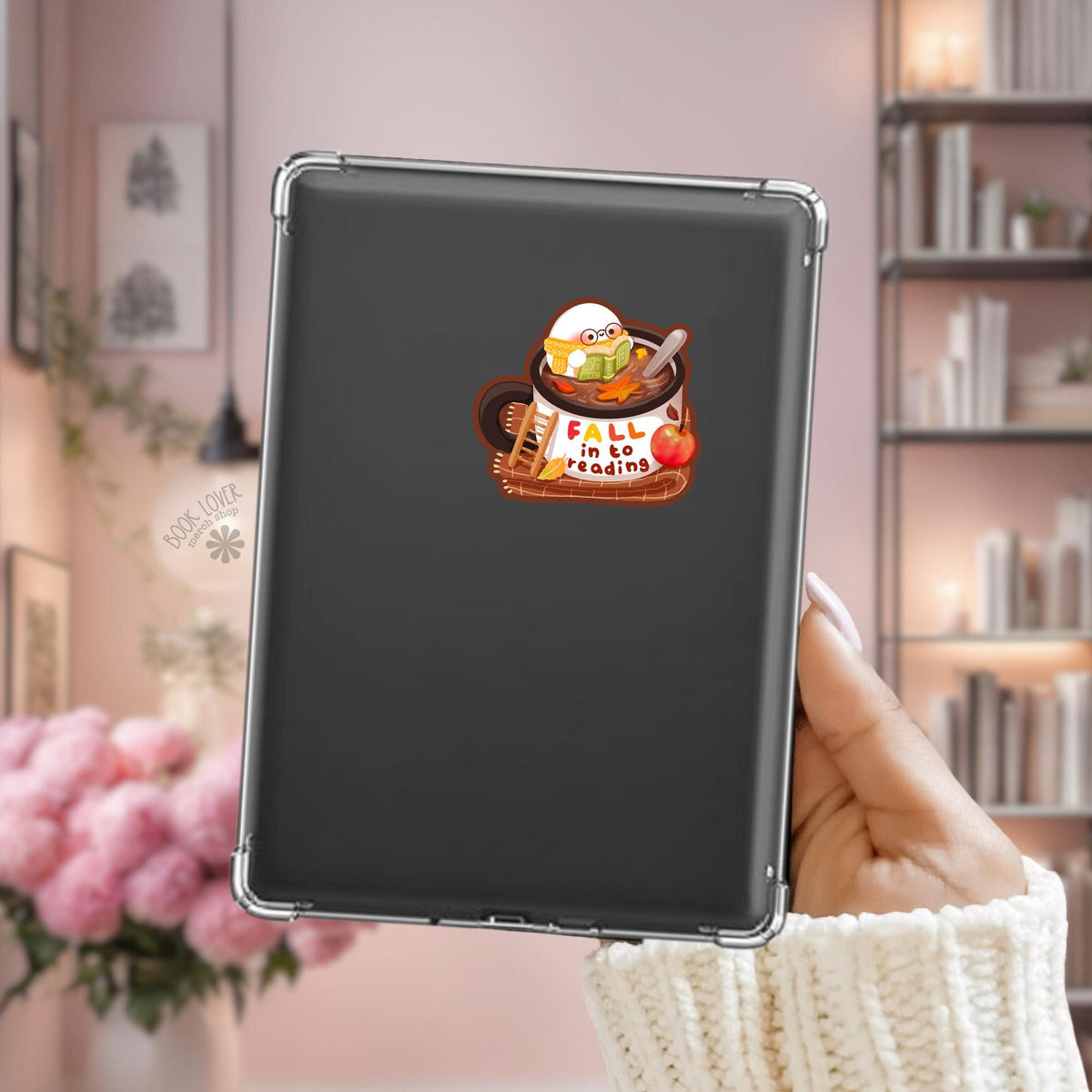 Fall Reading Kindle sticker on desk, bookish decal