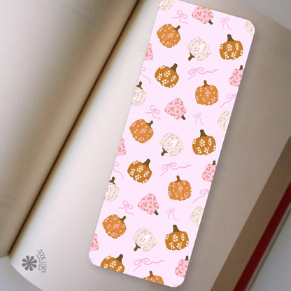 Floral Pumpkin Coquette bookmark front and back, cardstock page marker