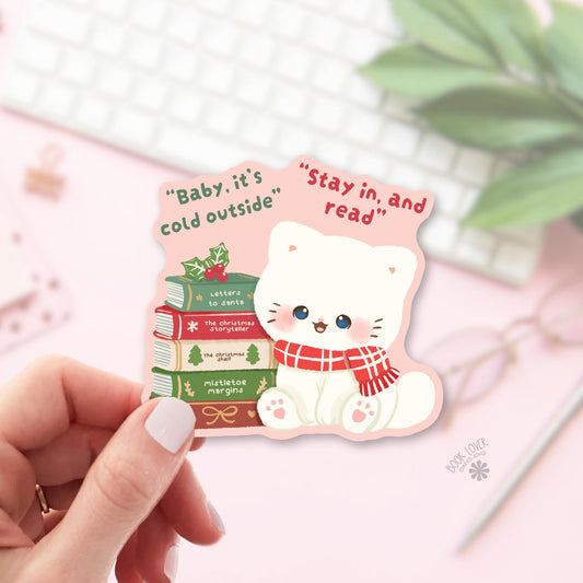 Kawaii Kitten Scarf bookish sticker, vinyl die cut, cat lover reader gift